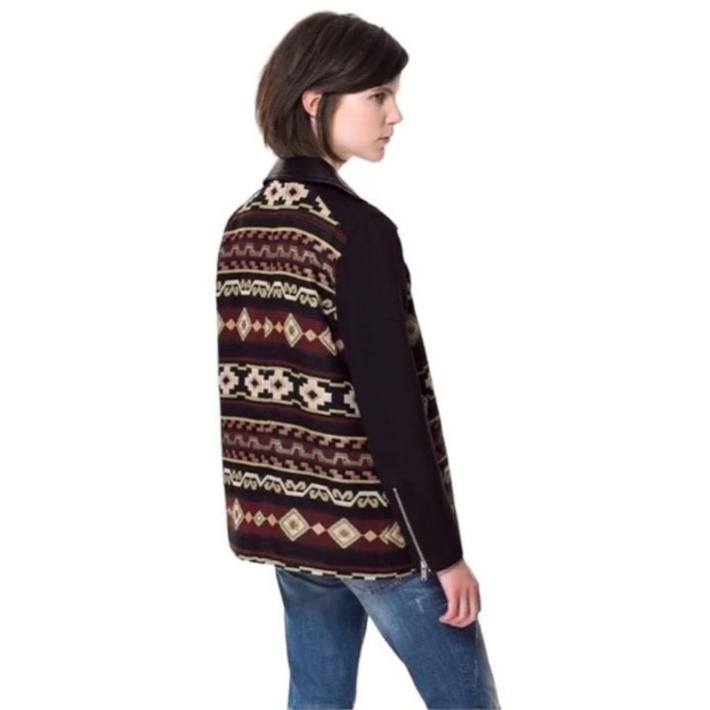 NWOT Zara Embroidered Aztec Tribal Moto Leather Trim Jacquard Jacket Size Medium - Picture 4 of 16